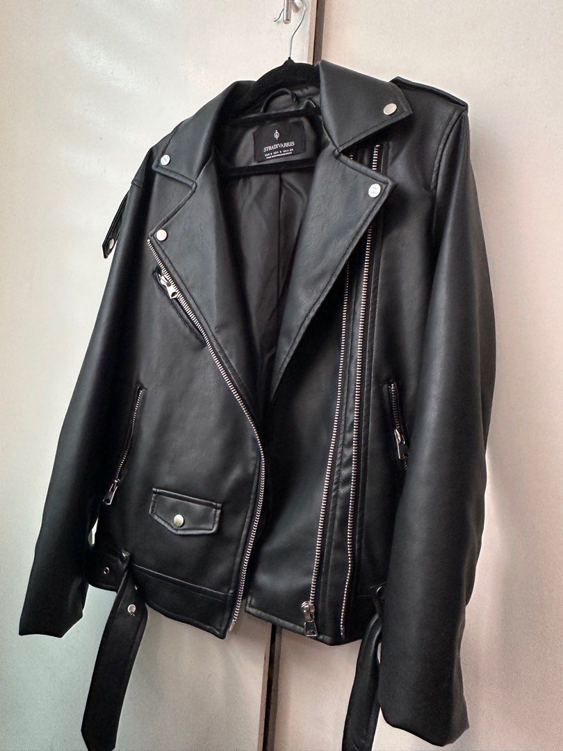 Stradivarius black leather on sale jacket
