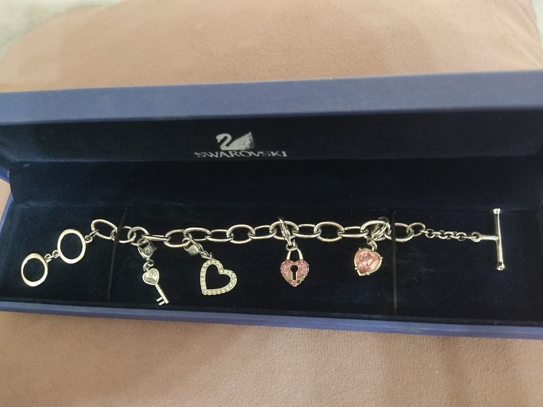 Swarovski Crystal Heart and Key Link Charm Bracelet