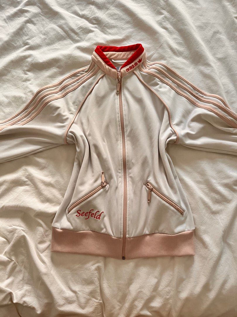 Pink adidas jacket with white stripes store