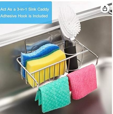 DOLRIS 3-In-1 Sponge Holder for Kitchen Sink, Adhesive Sink Caddy SUS304  Stainle