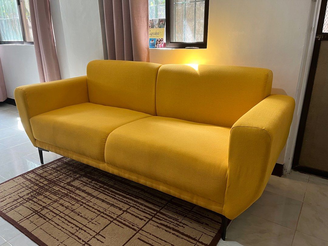 3 to 4 seater yellow sofa New (Category: Sofas) located in Las Pinas. Submitted by abby_e_g (Listing ID 1266742942, Image 3). Description: 75 inches Long x 28 inches Wide Uratex Foam Half sack fabric cover Steel legs Original Price at ₱22K.