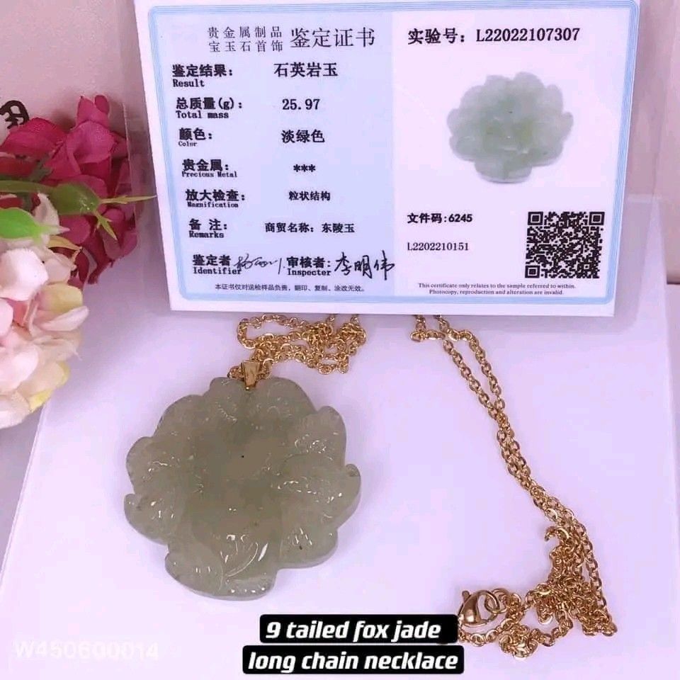 9 tailed fox jade necklace (Category: Necklaces) located in Manila. Submitted by luckycharmsonlineshopping_ (Listing ID 1266734880, Image 2). Description: New new new 💥💥💥 🌈9 tailed fox Jade long cord chain necklace🌈 ✅authentic jade , stainless holder , stainless necklace chain ✅size: fox: 40mm, necklace chain:24inches(can request size (18 to 24 inches) ✅stone: aventurine jade 💎 Jade ( Stone of heaven ) - peace , eternity, kindness ,elegance