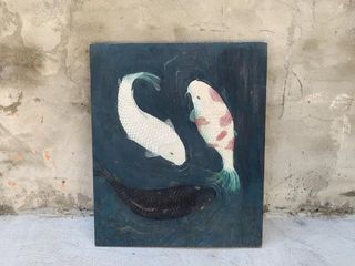日式手繪錦鯉膠彩畫作