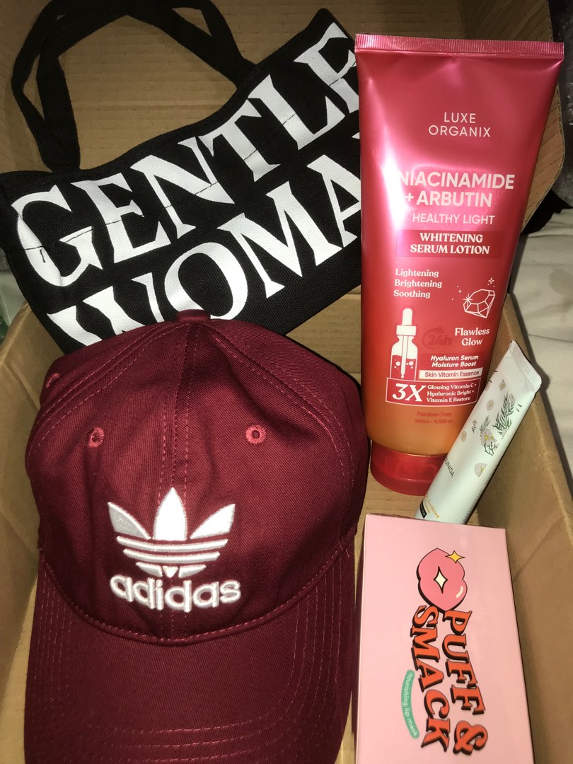 Adidas cap, Luxe Organix lotion, Hand cream and Puff and smack Bundle