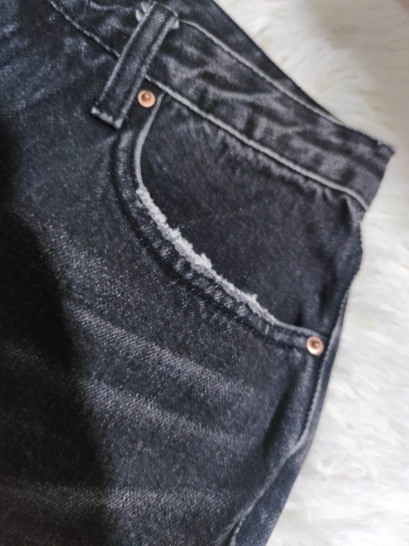 Girls Black Acid Wash Paper Bag Waist Straight Jeans