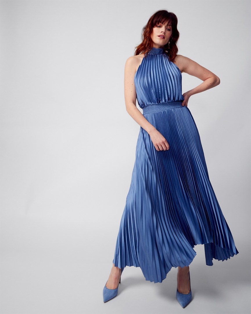 BNWT White House Black Market Pleated Midi Halter Dress in Blue