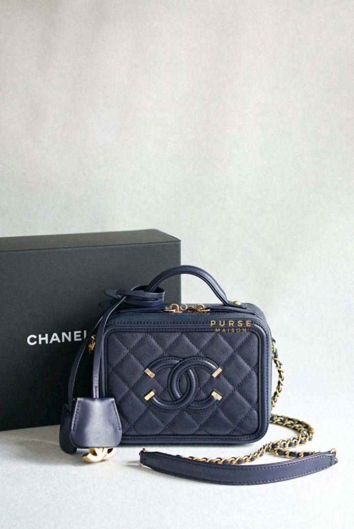 Chanel CC Filigree Small Vanity Navy Blue Caviar Leather in Aged