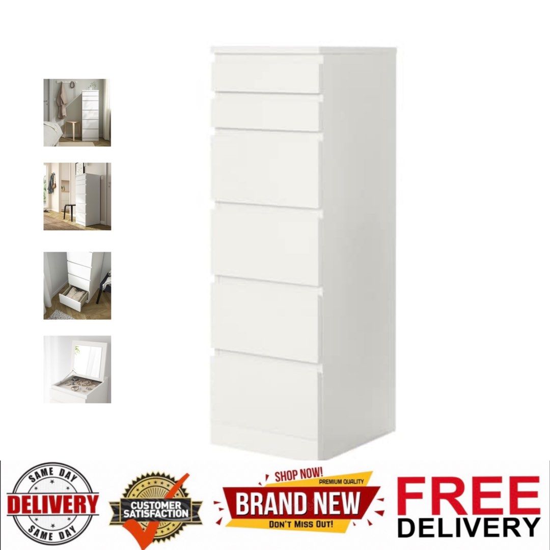 Malm chest of 6 drawers white mirror shop glass