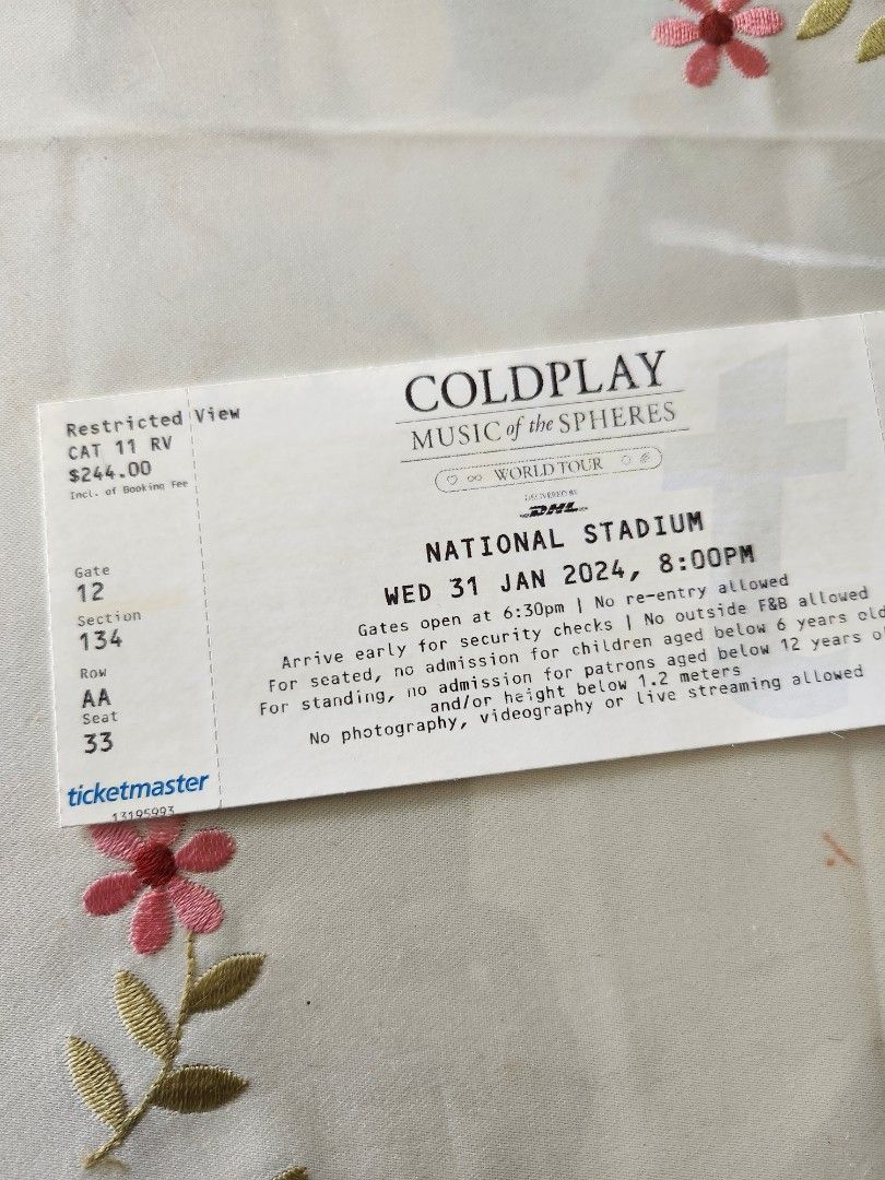 COLDPLAY ticket (1 piece). Wed 31 Jan 2024. Original price 244