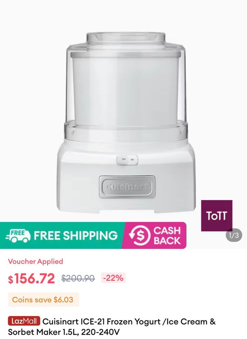 Cuisinart ICE 21 Frozen Yogurt Ice Cream Sorbet Maker 1.5L 220