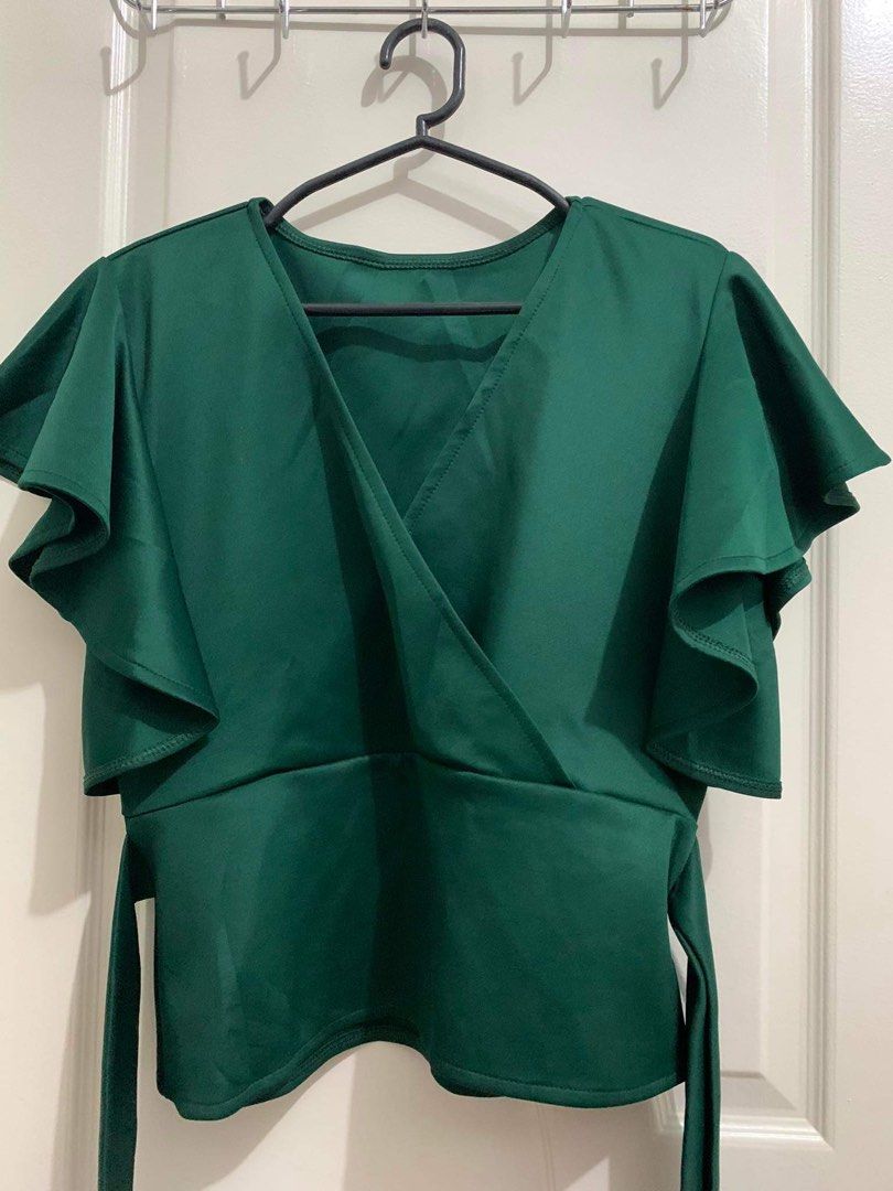 Green embroidered round neck with elbow sleeve shimmer blouse