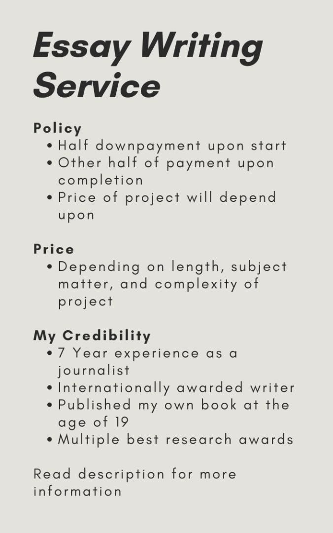Essay Writing / Homework Help Service (Category: Textbooks) located in Pasig City. Submitted by retail.manila (Listing ID 1252231739, Image 2). Description: Feeling stuck with your essay or paper? Let us help :) Price will depend on on length, subject matter, and complexity of project. An appraisal for price will be given based on project information. POLICY - Give us ALL details about your paper; include all relevant information such as word lim