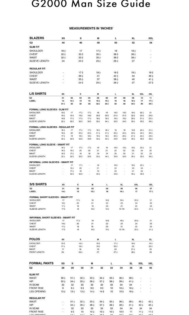 G2000 blazer size chart sale