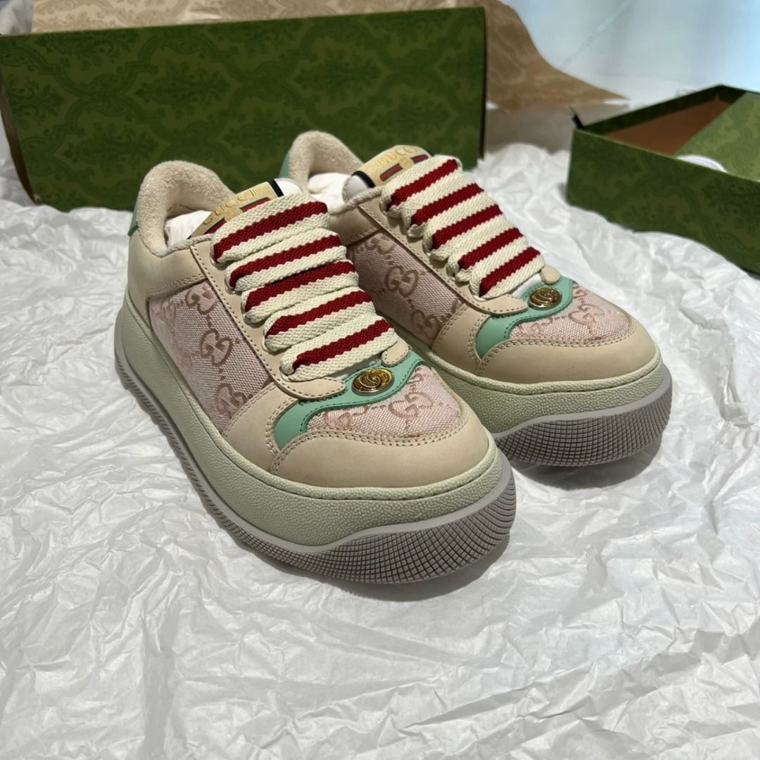 GUCCI Screener Fat Ding Leather GG Canvas Thick Sole Fashion Board Shoes Women s Pink Beige
