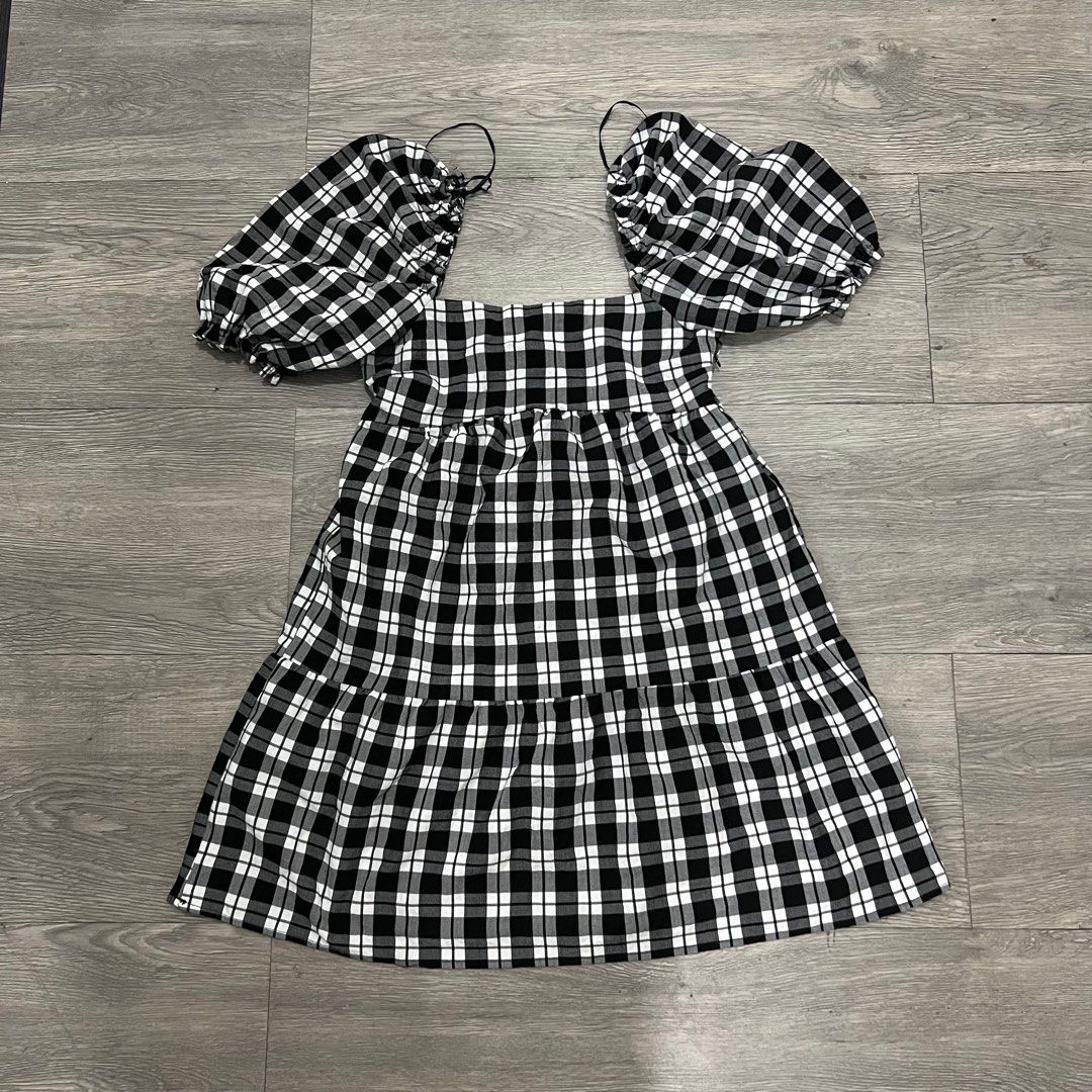 h&m black and white checkered dress y2k Plaid Dress| Vintage Checkered dress in Black and White| Women's M –  Fashion and Fables main image 1