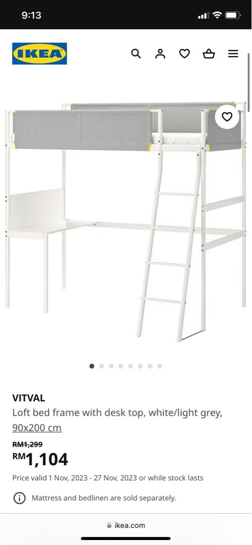 IKEA Vitval Loft bed frame with desk top, white/light grey,, Furniture