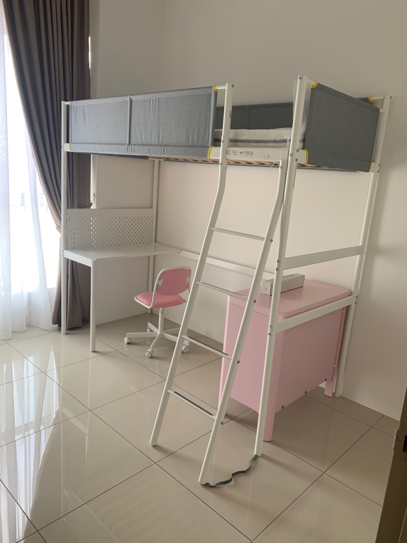 IKEA Vitval Loft bed frame with desk top, white/light grey,, Furniture