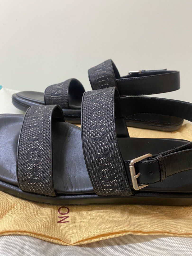 Louis Vuitton Black Canvas Logo named Print Slide Sandals Size 11,45