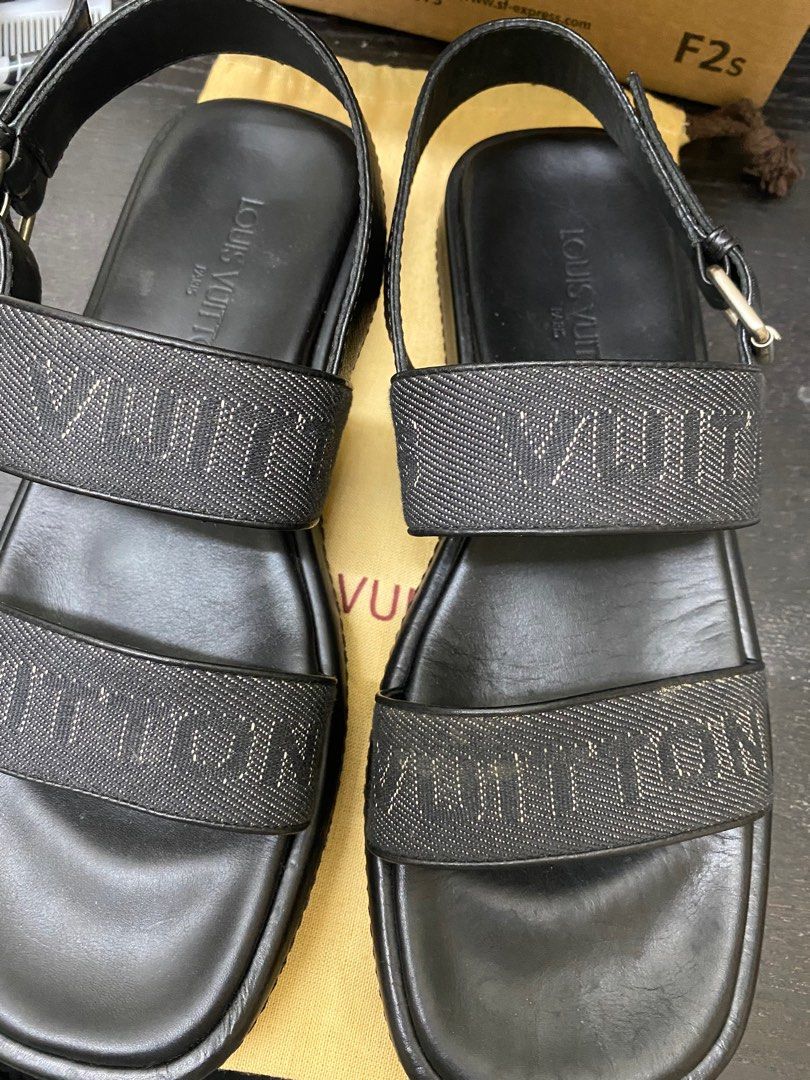 Louis Vuitton Black Canvas Logo named Print Slide Sandals Size 11,45