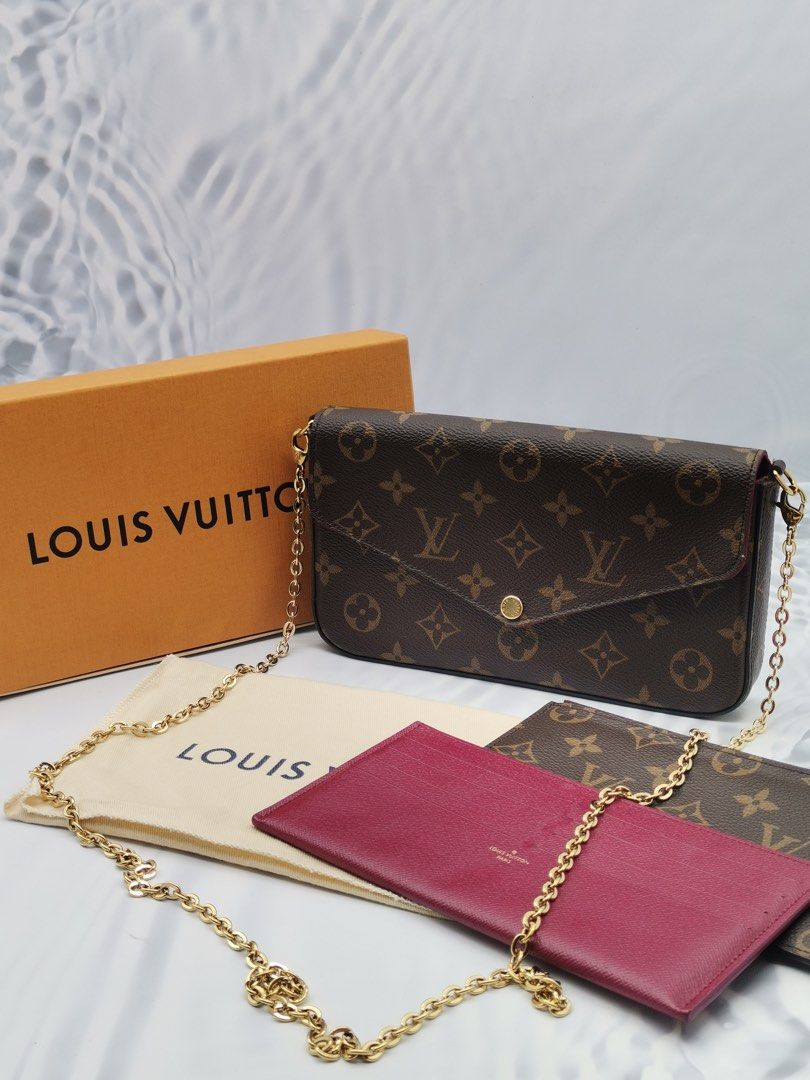LOUIS VUITTON FELICIE POCHETTE MONOGRAM CANVAS WITH MAROON INNER FLAP CHAIN SHOULDER BAG FULL SET