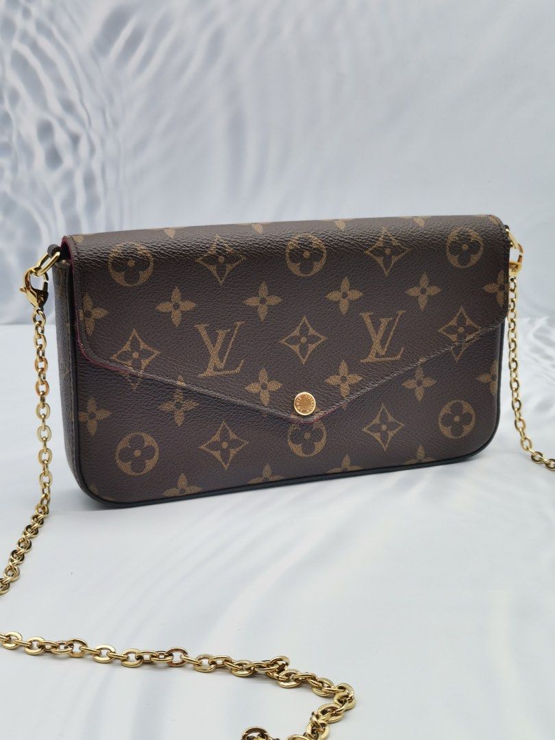 LOUIS VUITTON FELICIE POCHETTE MONOGRAM CANVAS WITH MAROON INNER FLAP CHAIN SHOULDER BAG FULL SET