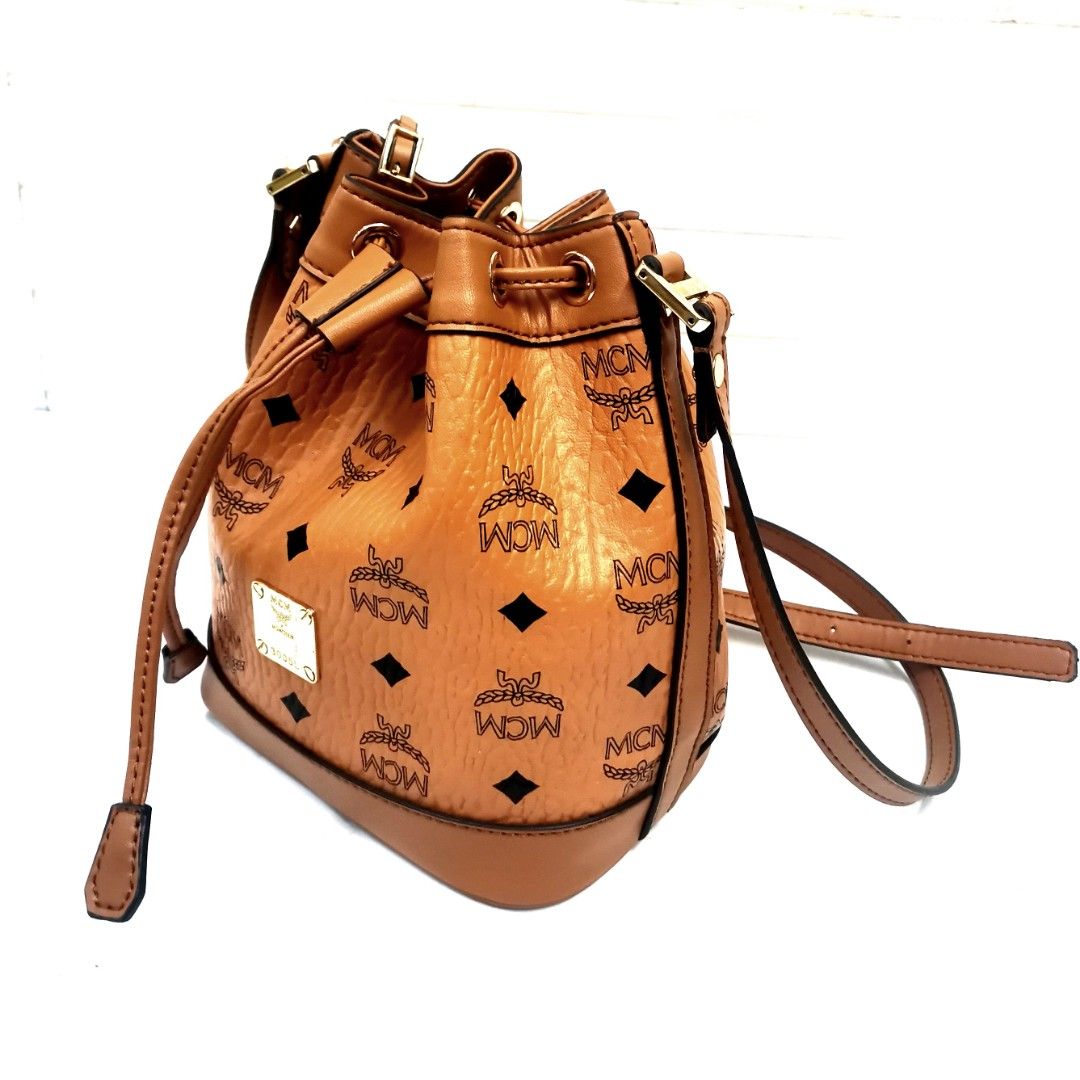 MCM Cognac Visetos Coated Canvas Bucket Bag