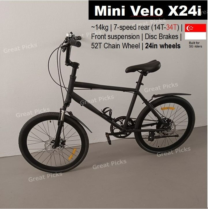 Mini Velo X 24i Black compact 7 speed bicycle with front suspension A Cross of Hardtail Mini Velo BMX Last pc
