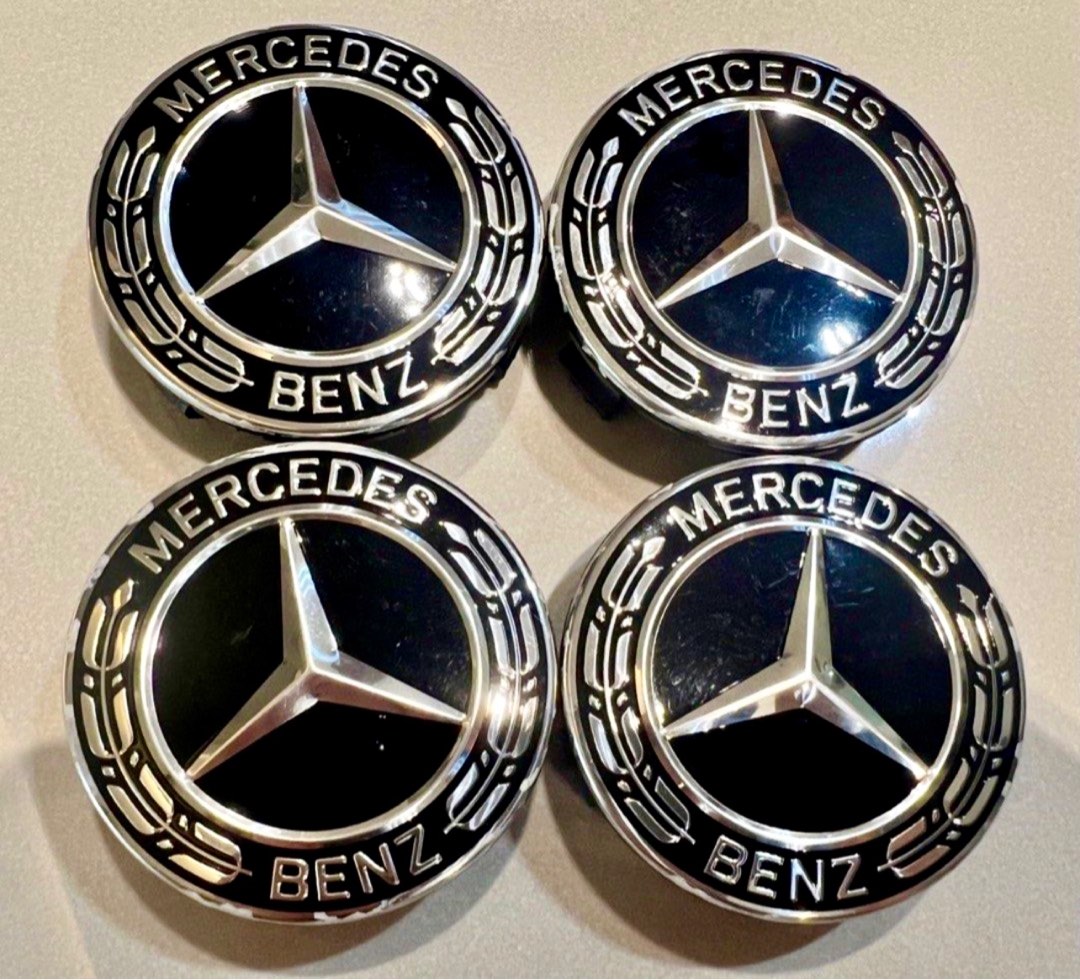 Original Mercedes Hub Caps/Covers (75mm). Black Background & Silver