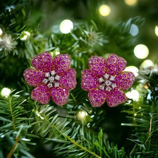 Pink sapphire ruby flower earrings