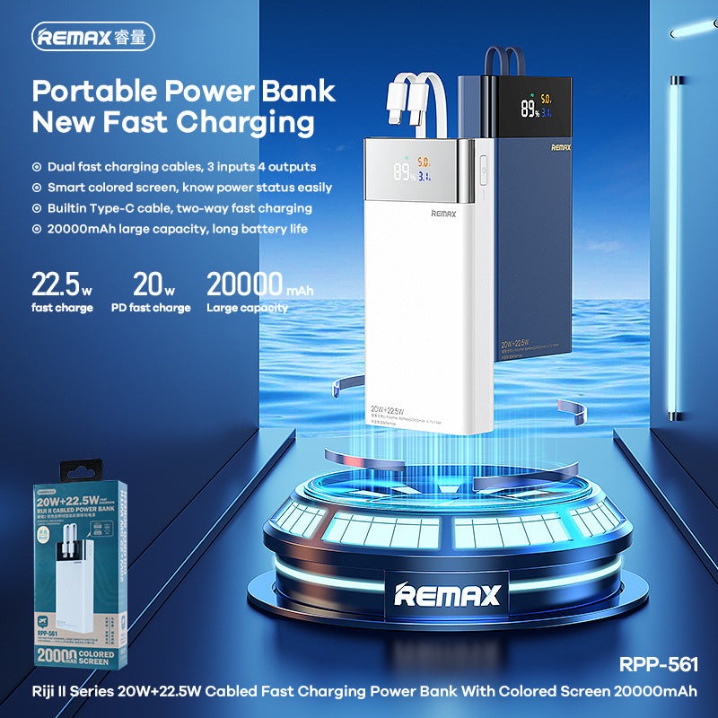20000mAh Portable Power Bank With 4 Built-in Cables – Fast Charging, Blue