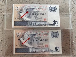 Singapore Bird $1 999999 & 1000000, UNC