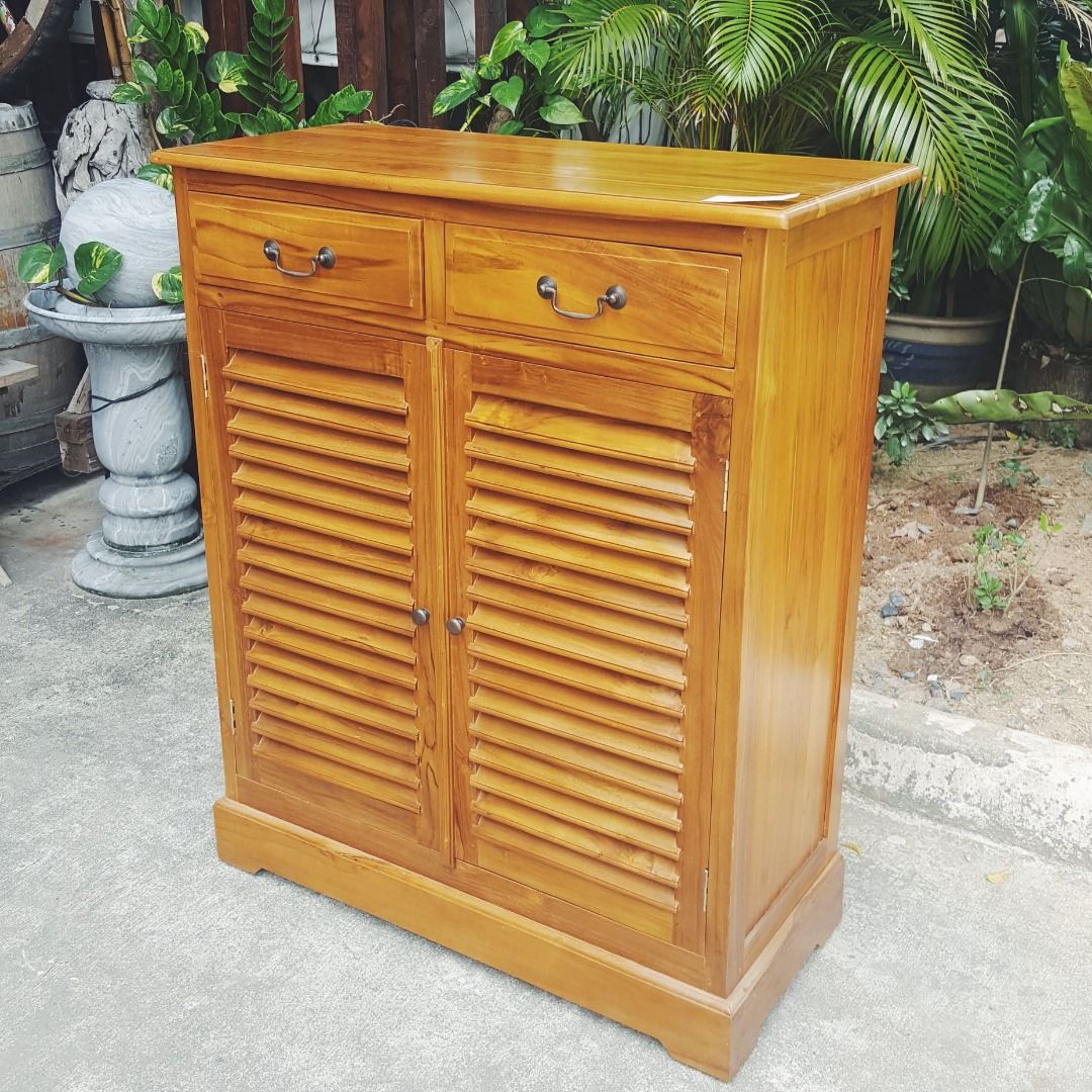 Solid Teak Wooden Shoe Cabinet Shoe Rack 2 Doors Louvre Design 2 Drawers Furniture Home Living Furniture Shelves Cabinets Racks on Carousell