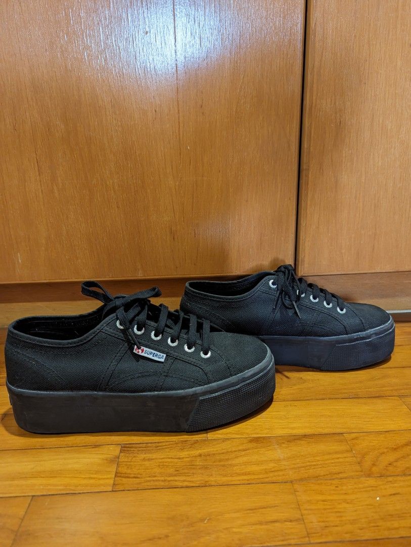 Superga 2790 linea flatform trainers in black canvas Women s