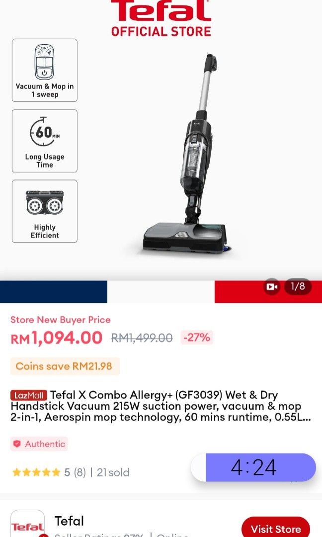 Tefal X Combo Allergy+ (GF3039) Wet & Dry Handstick Vacuum - NEW ...