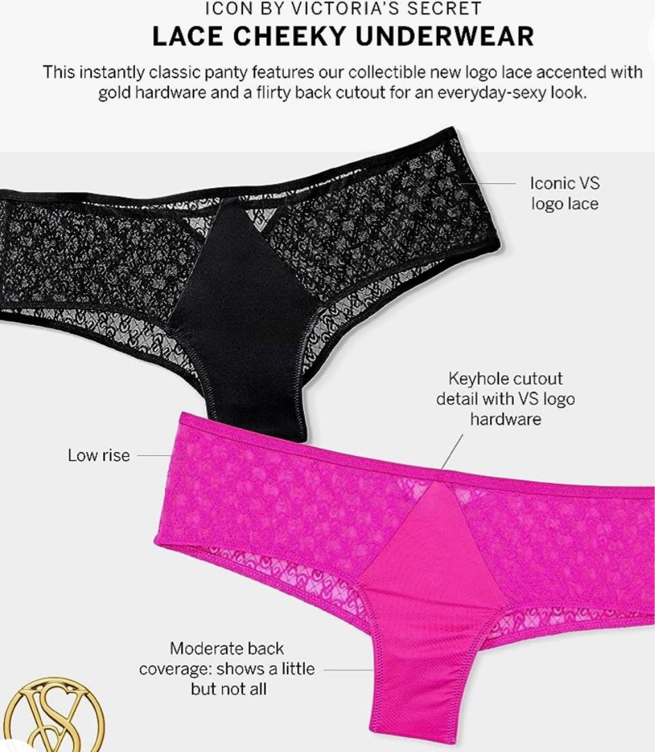  Victorias Secret Icon Thong Panty, VS Monogram Lace,  Adjustable Strap, G String Underwear For Women, Very Sexy Collection, Pink