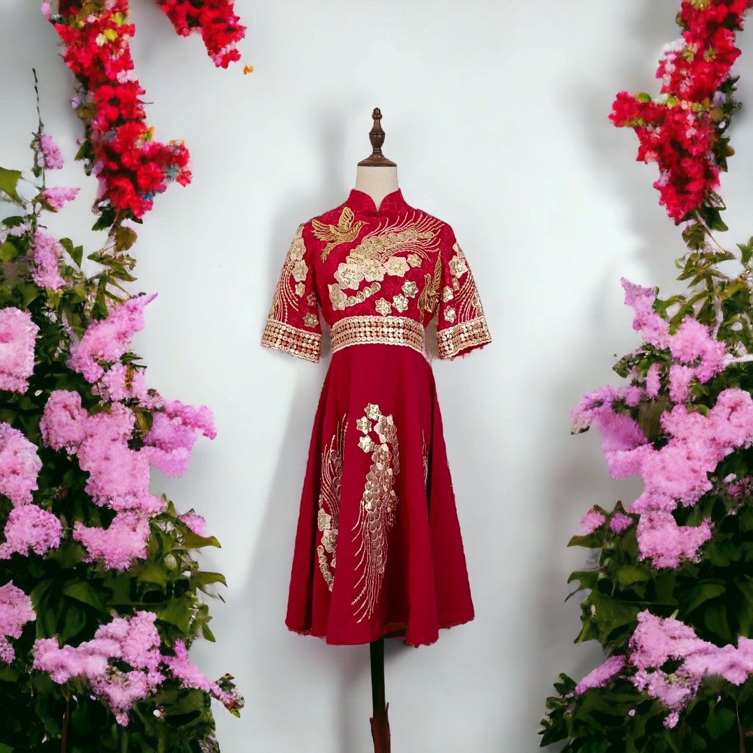 Waist 78cm Fashion Women s Chinese Traditional Mandarin Collar Embroidery Midi Dinner Dress