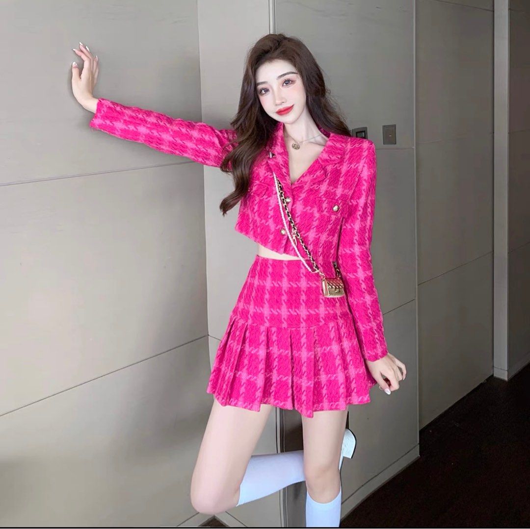 Checkered skirt top and blazer set