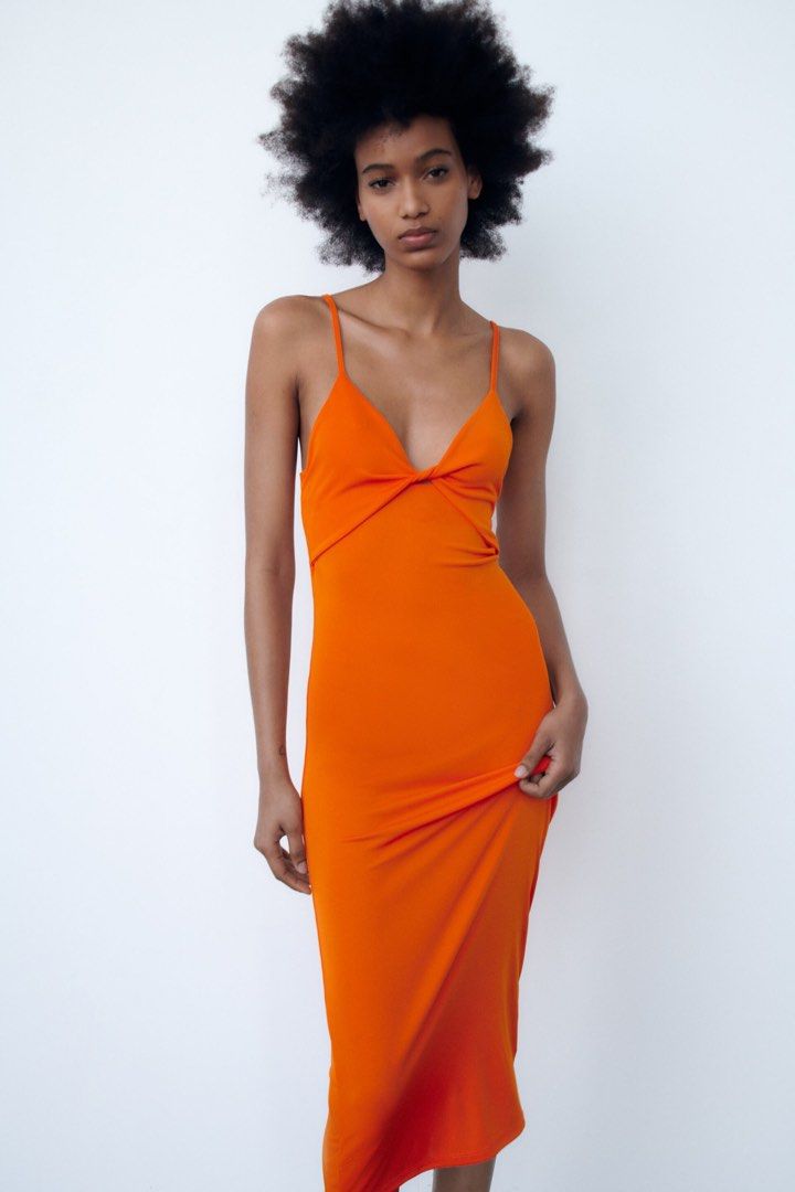 zara orange bodycon dress Orange Ribbed Knit Midi Dress by Zara