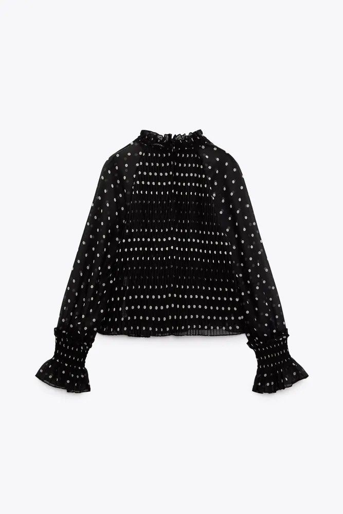 Zara Polka Dot Pleated Semi Sheer Blouse