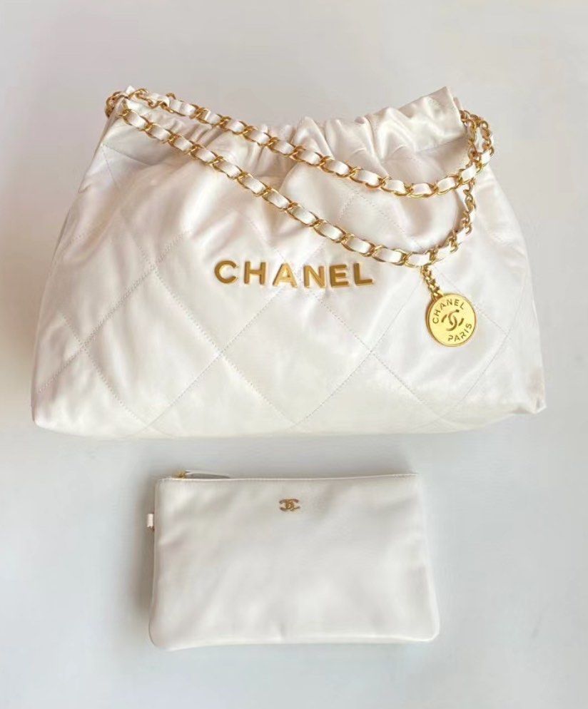 24C New❤️Chanel 22 VIC White Gold Wide Hobo Silver 香奈兒白金橫 