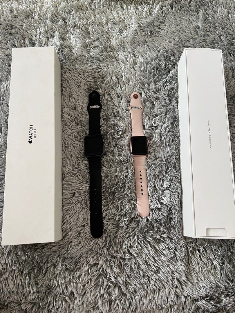 Apple watch bundle (Category: Women's Watches) located in San Pedro. Submitted by tabacheengcheeng (Listing ID 1266833276, Image 2). Description: I watch series 3 42mm black 38mm pink 12k po dalawa 6.500 each naman po if 1 lang kunin. Ung black na lang po ung may box Pm for more details .