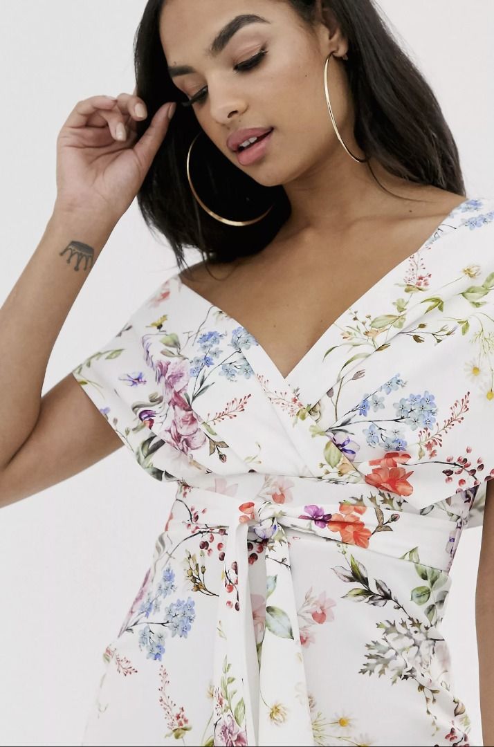 ASOS DESIGN fallen shoulder midi pencil dress with tie detail in Botanical floral