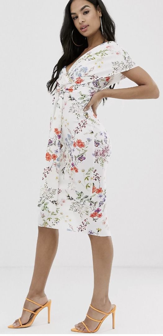 Fallen shoulder midi pencil dress with tie detail deals
