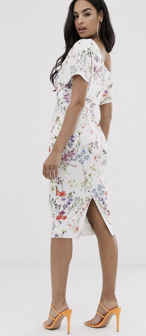 ASOS DESIGN fallen shoulder midi pencil dress with tie detail in Botanical  floral, Women's Fashion, Dresses & Sets, Dresses on Carousell