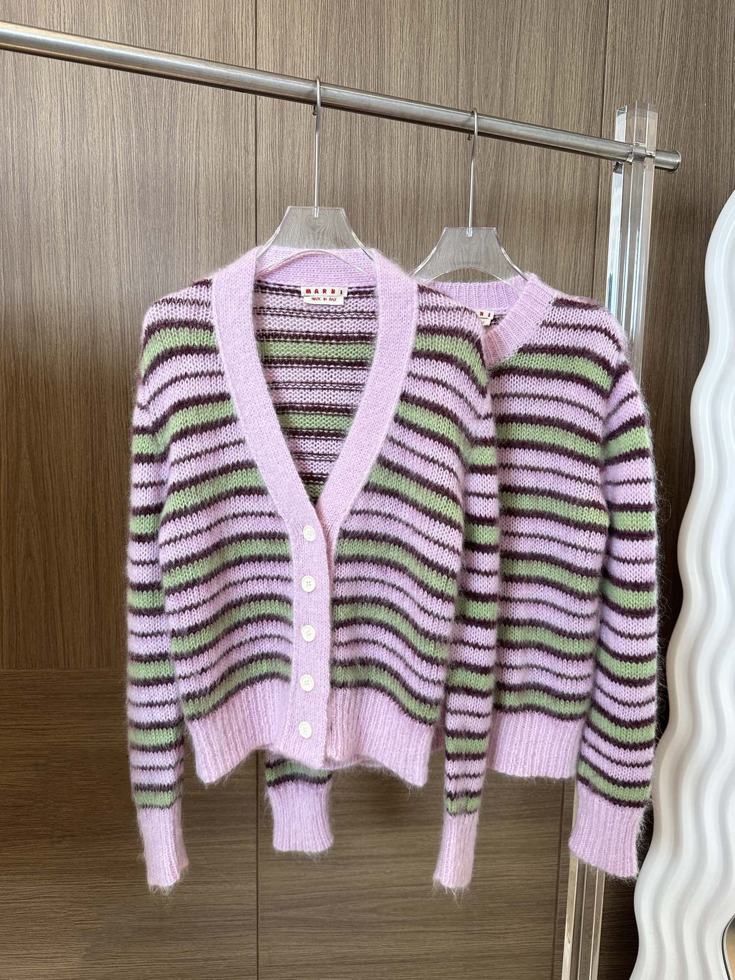 Authentic Marni Pink And Green Contrast Striped Mohair Cardigan
