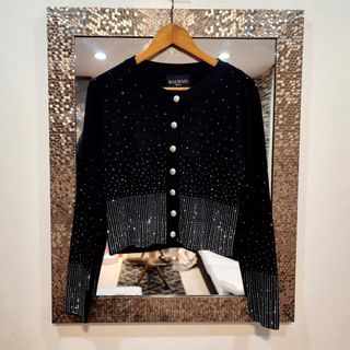 Balmain: Knitted Black Beaded Swarovski Cardigan / Blazer