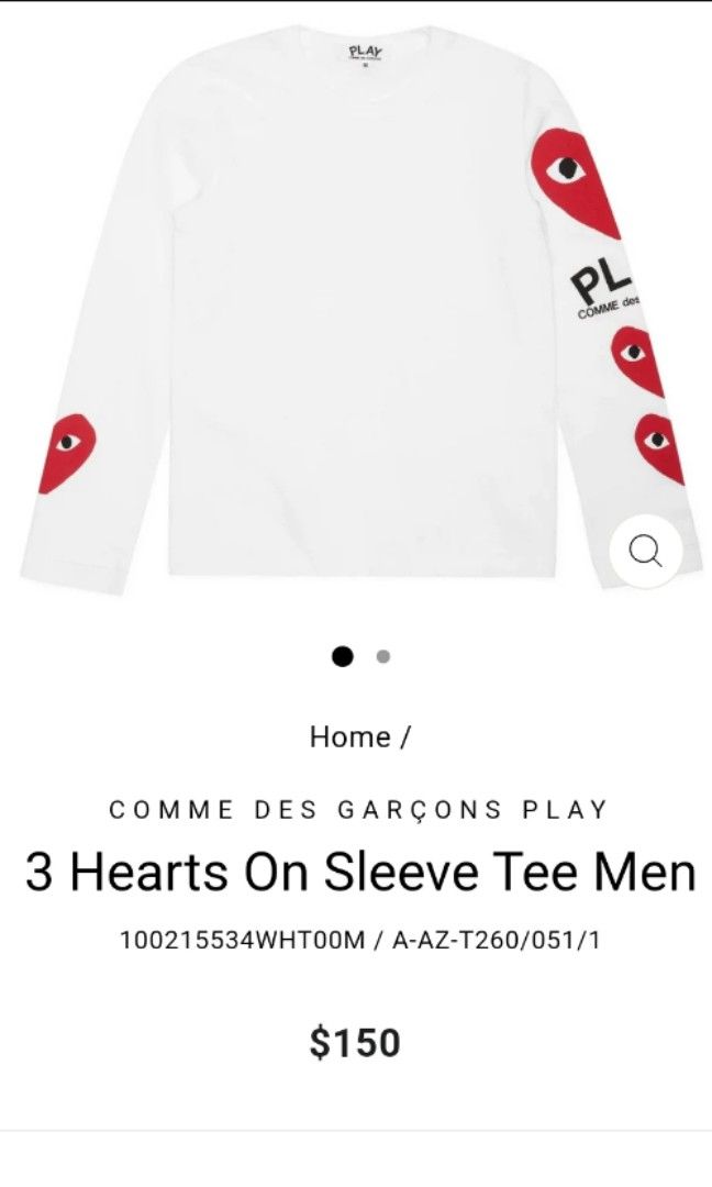 CDG 3 hearts on sleeve shirt Men s Fashion Tops Sets Tshirts
