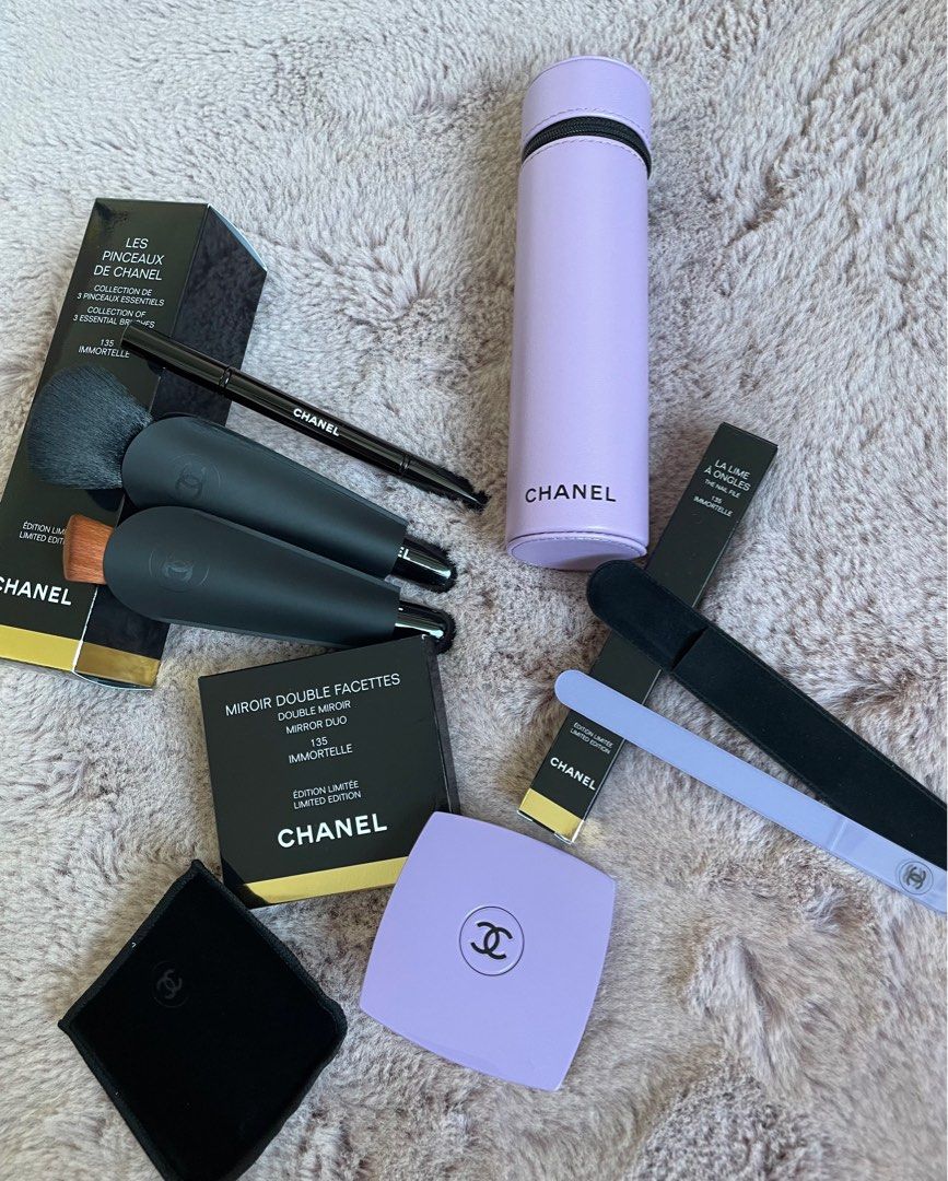 Chanel limited edition immortelle 135 粉紫色限量化妝掃，美甲挫及雙面鏡套裝（不散賣）, 美容＆個人護理,  健康及美容- 皮膚護理, 化妝品- Carousell