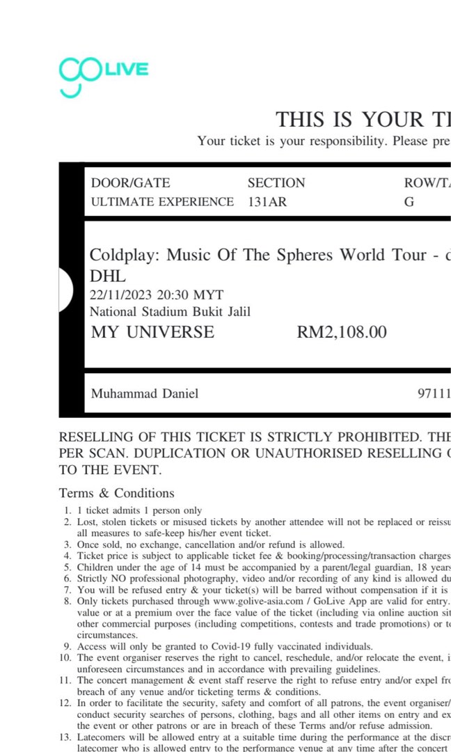 COLDPLAY VIP MY UNIVERSE CONCERT TICKET, Tickets & Vouchers, Event