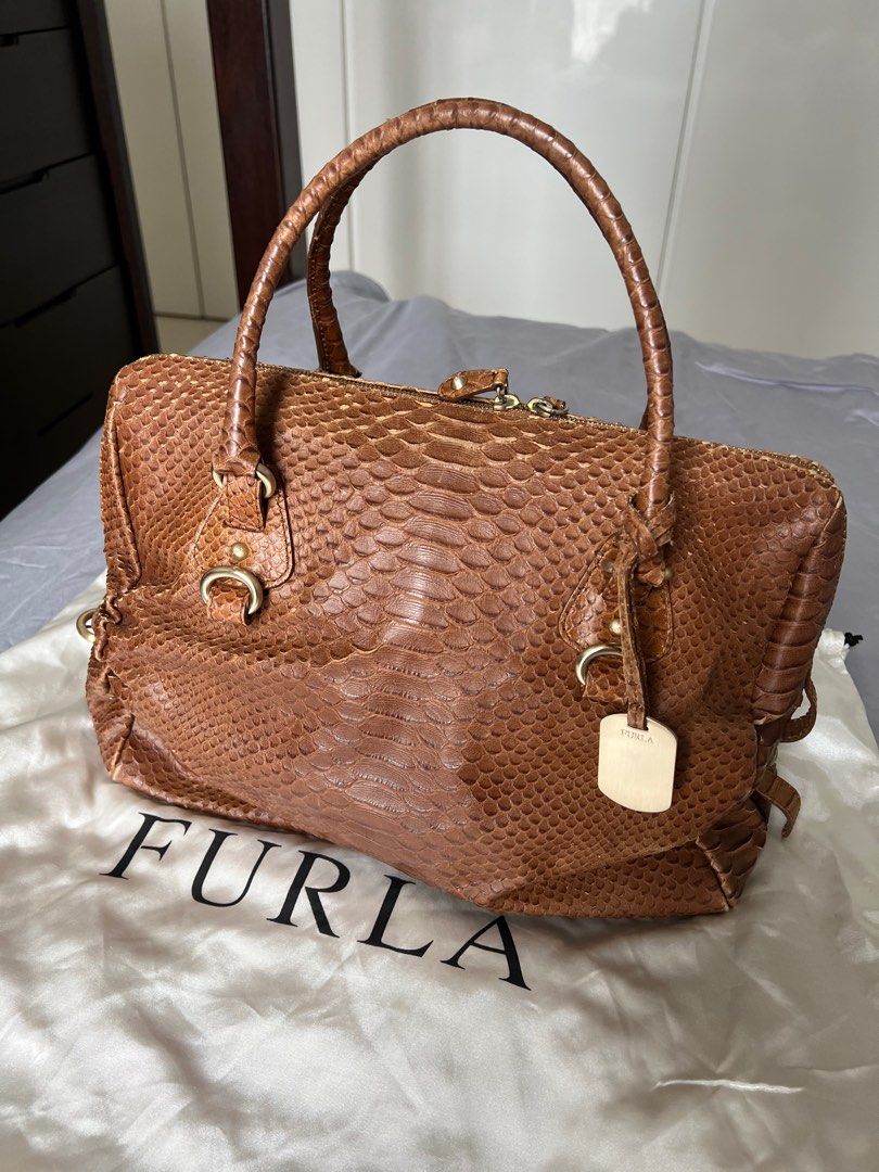 Furla mock snake skin leather bag in beautiful tan and gold metal trim